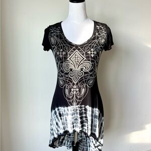 VOCAL Fleur De Lis Rhinestone Lace Tie Dye Tunic Top—SZ. Small